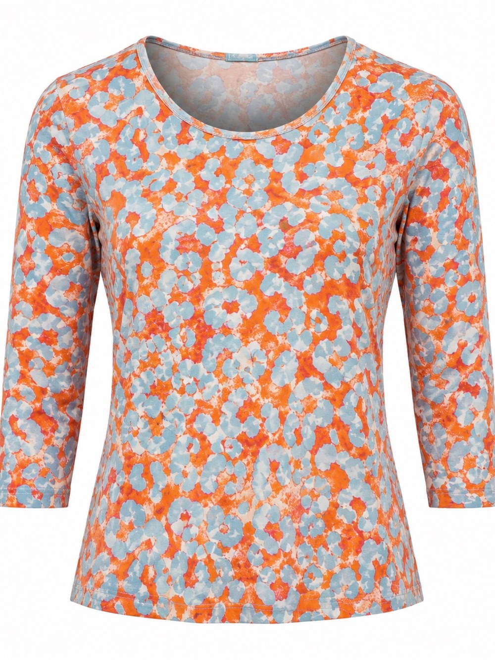J. McLaughlin Orange and Light Blue Printed Scoop Neck Long Sleeve Top